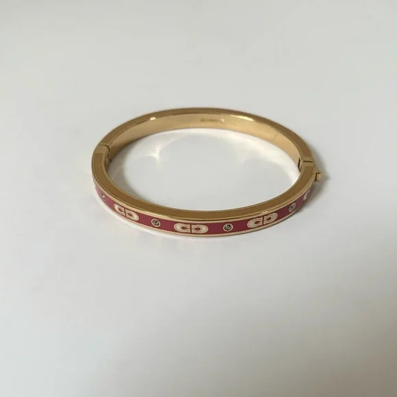 Coach Signature C Bangle Logo Statement Bracelet Enamel Hinged Pink Red Gold - Picture 2 of 9